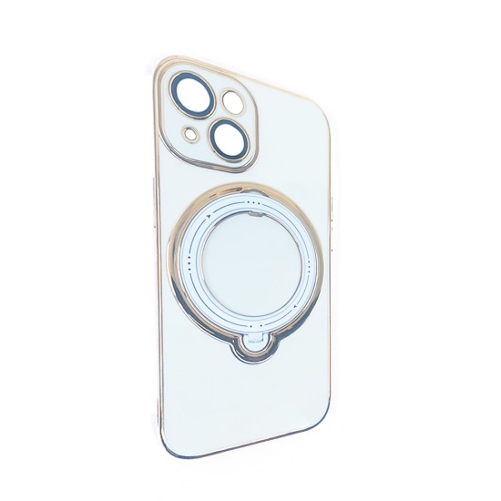 Funda Dura de Silicona con Protector de Cámara y Anillo de Soporte para Apple iPhone 15 Blanco